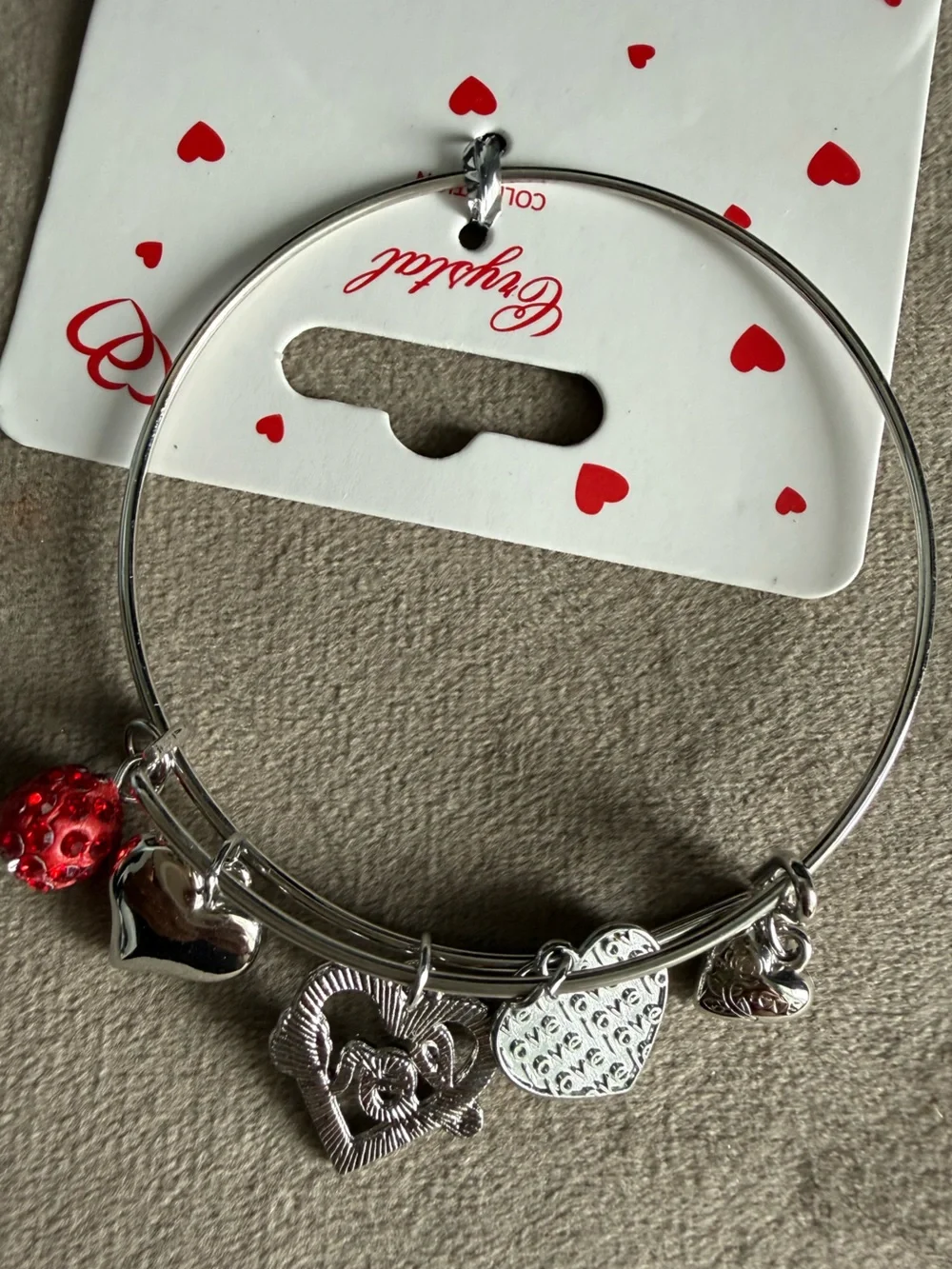 Silver Charm Bangle Bracelet with Red Bead